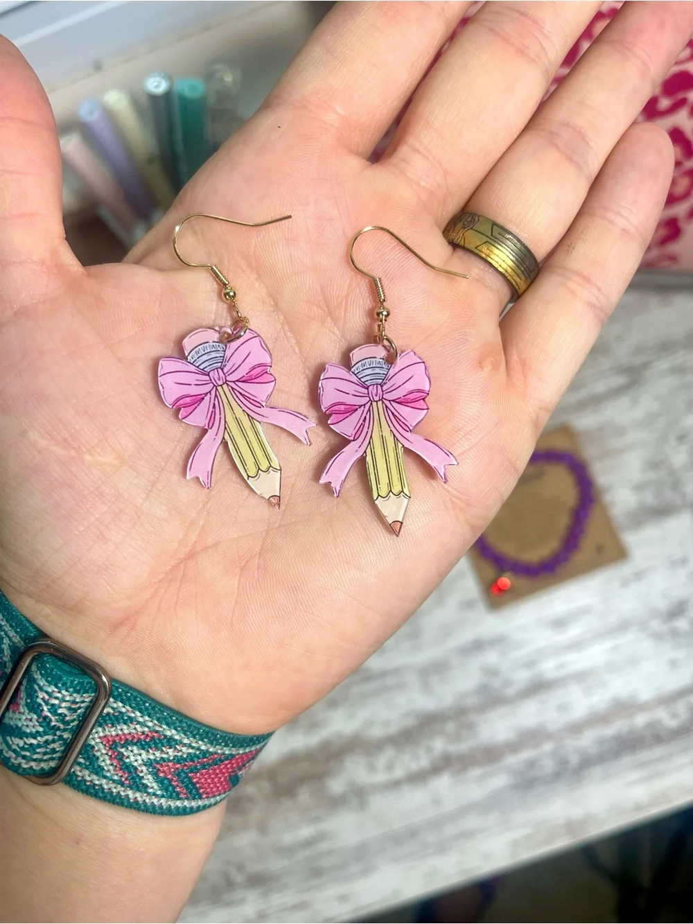 Back To School Teacher Purple Beaded Bracelet with Bow Pencil Earrings Set